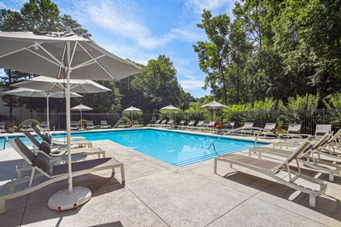 A pool with sun loungers and umbrellas.