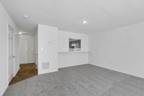 A spacious, empty room with a grey carpet and white walls.