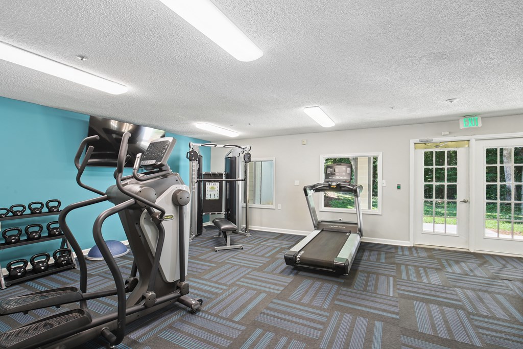 A gym with a treadmill, weights, and exercise equipment.