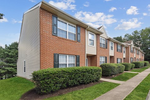 A row of buildings with green bushes in front.