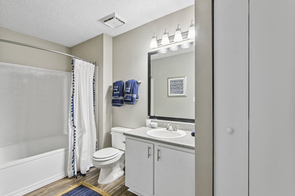 the preserve at ballantyne commons apartment bathroom with sink toilet and shower