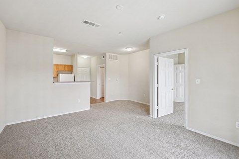 A spacious room with a carpeted floor and a door on the right side.