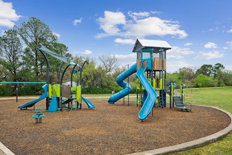 A playground with a blue slide and a yellow slide.