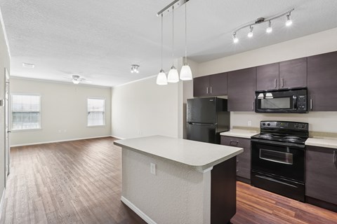 A kitchen with a black refrigerator, black oven, and black microwave.
