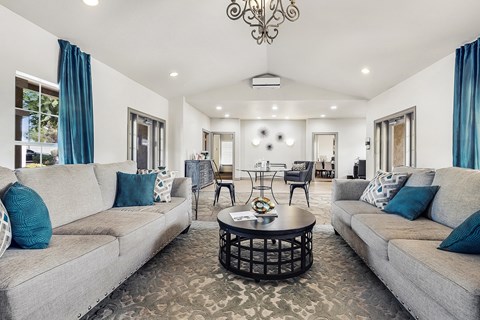 A living room with two grey couches and a patterned rug.