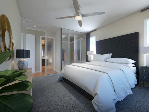 Staged bedroom with carpet, bed, dresser, ceiling fan with light, transparent doors and walls, walk in closer and windows with curtains