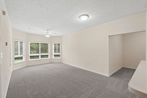 A spacious room with carpeted floor and a window with blinds.