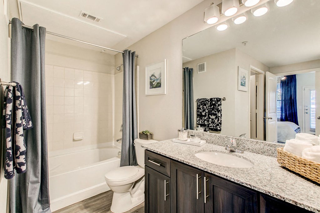a bathroom with a shower, toilet, and sink