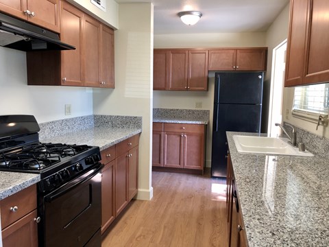 A kitchen with a black fridge and a black stove.
