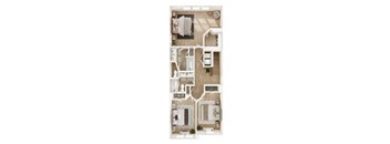 A floor plan of a house with a kitchen, living room, dining room, and bathrooms.
