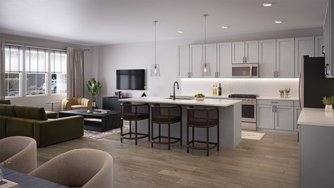 A modern kitchen with a bar area and a living room area.