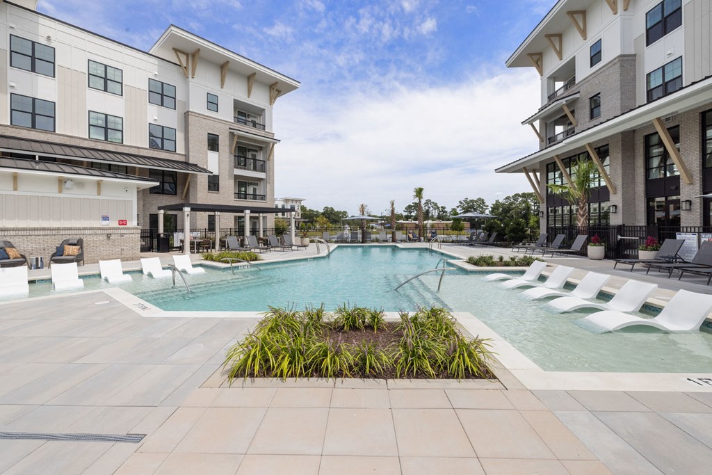 pool area with view of building