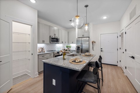 a view of the inside of an apartment with kitchenand a counter