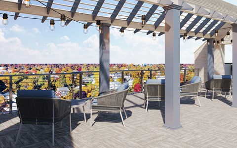 a rendering of a patio with tables and chairs on a roof