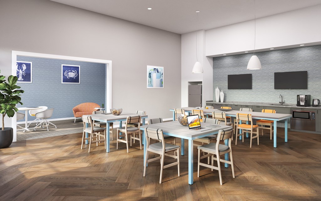 a rendering of a dining room with tables and chairs