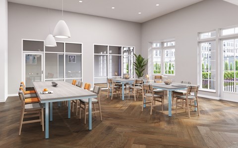 a rendering of a dining room with tables and chairs