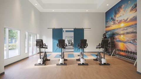 a gym with exercise machines and a painting on the wall