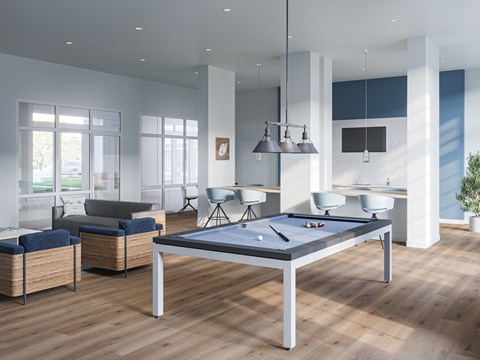 a living room with a blue pool table in the middle