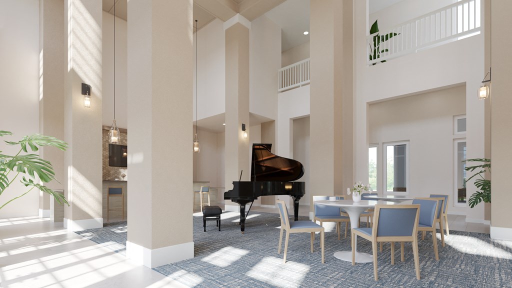a living room with tables and chairs and a piano
