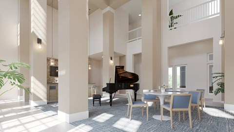 a living room with tables and chairs and a piano