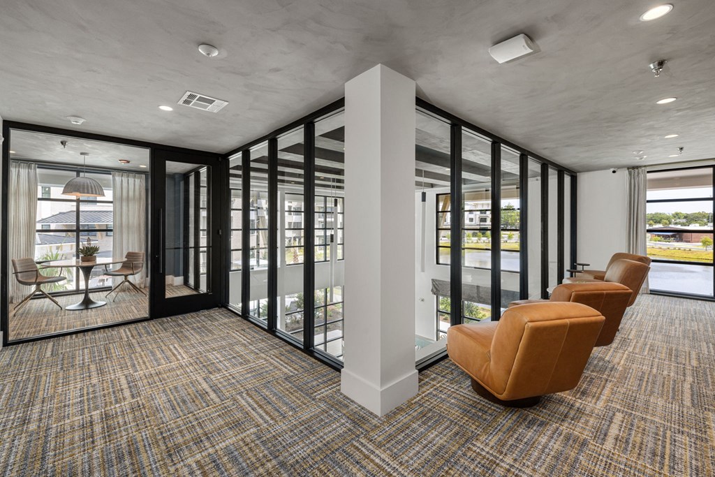 A room with a carpeted floor and a long row of chairs.