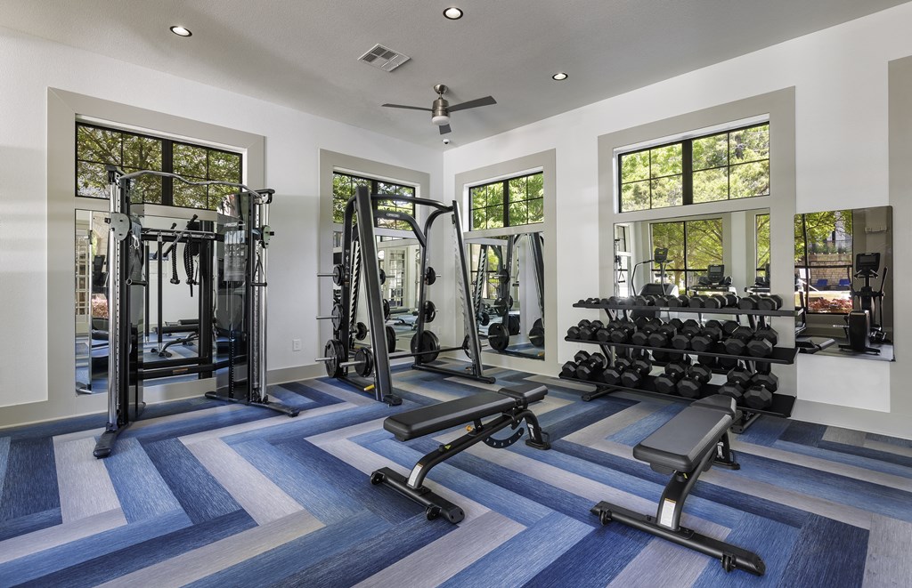 A Gym With Weights at 3500 Westlake Apartments, Texas, 78746