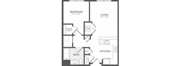 A floor plan of a small apartment with a bedroom, bathroom, kitchen, and living room.