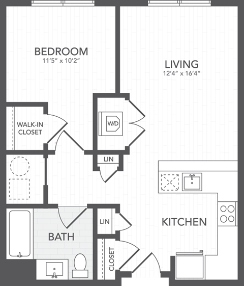 A floor plan of a small apartment with a bedroom, bathroom, kitchen, and living room.