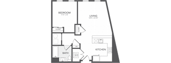 a floor plan of a studio apartment with a bedroom and a living room