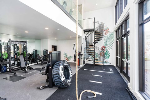 A gym with a rope in the middle of the floor.