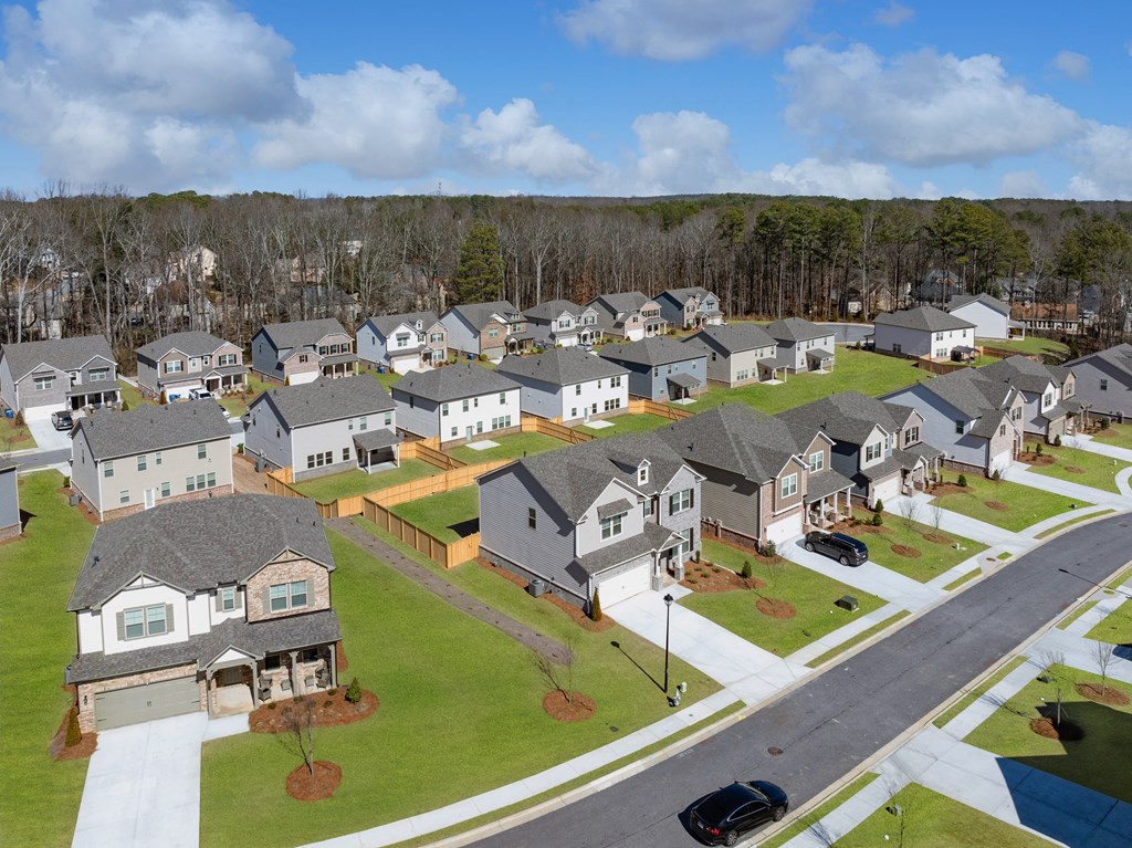 an aerial view of a neighborhood of houses