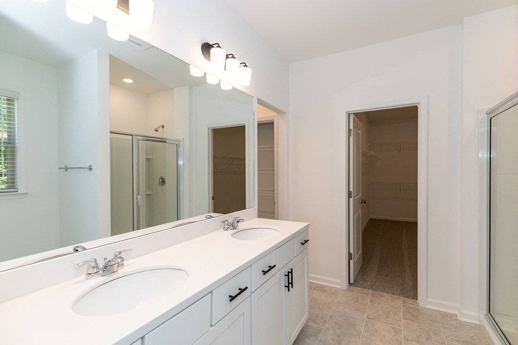 a bathroom with a large mirror and two sinks
