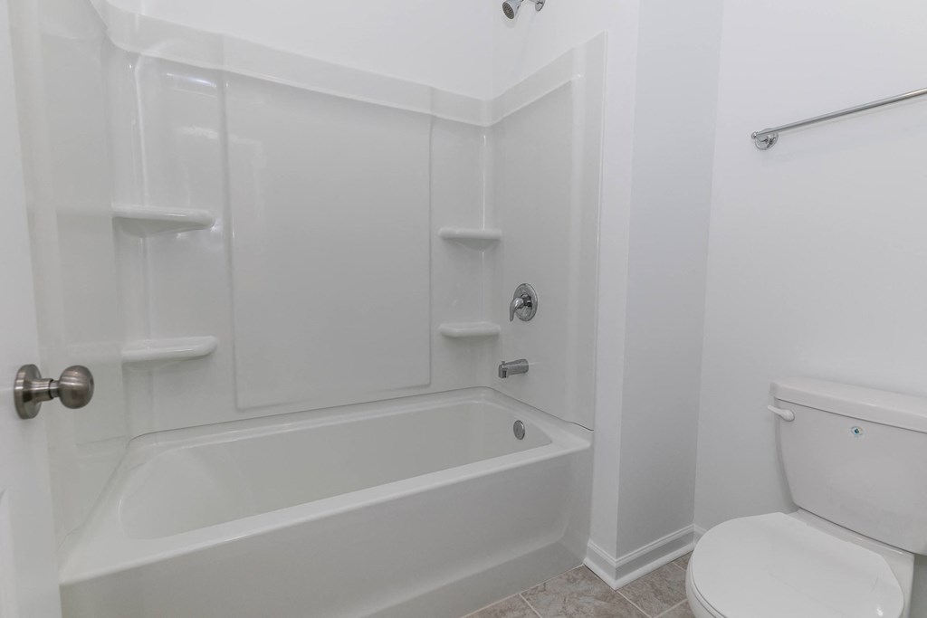 a bathroom with a bathtub and a toilet