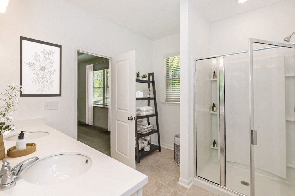 a bathroom with a shower and a sink