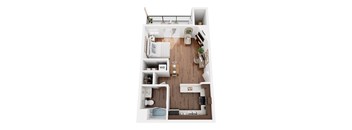 A top down view of a small apartment with a kitchen, living room, and bathroom.