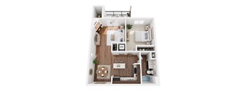 A top-down view of a small apartment with a living room, kitchen, and bathroom.
