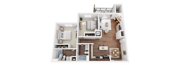 A top-down view of a small apartment with a kitchen, living room, and bathroom.