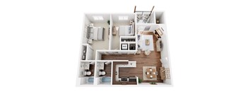 A top-down view of a well-organized apartment with a kitchen, living room, and bedrooms.