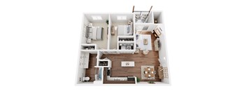 A top-down view of a well-organized apartment with a kitchen, living room, and bedrooms.