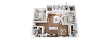 A top-down view of a small apartment with a kitchen, living room, and bedroom.