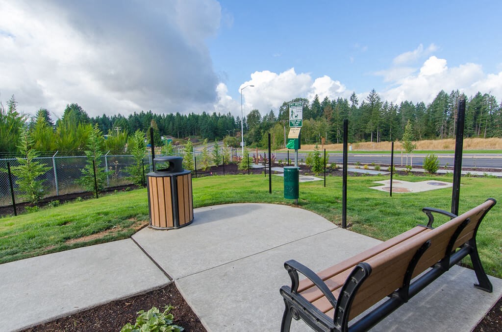 Park bench facing dog park