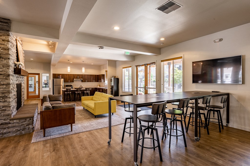 clubhouse with seating and fireplace