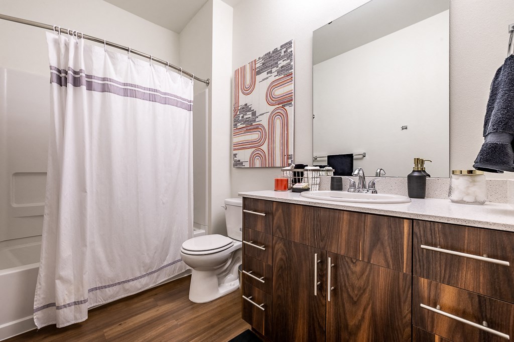 bathroom with large mirror, toilet and shower tub combo