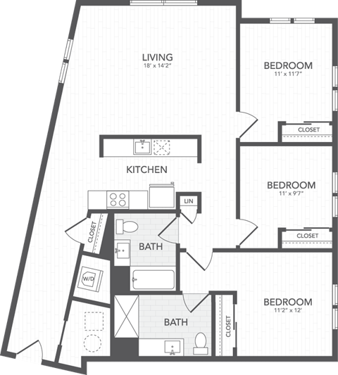 a floor plan of a bedroom apartment with a bathroom and a kitchen