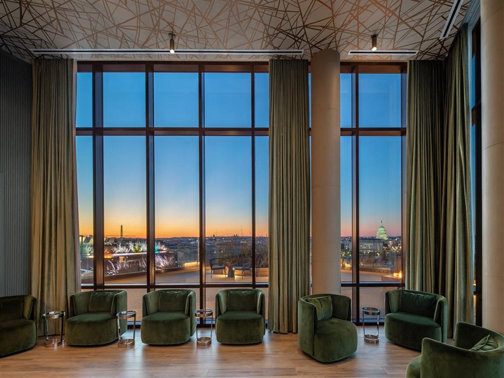 a view of the city from the lobby of a skyscraper
