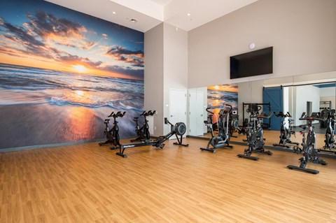 a workout room with exercise bikes and a wall mural of the beach