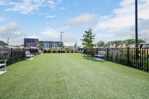 a yard with lawn chairs and a fence