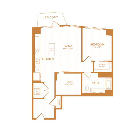 1 bed 1 bath with den 821 sf