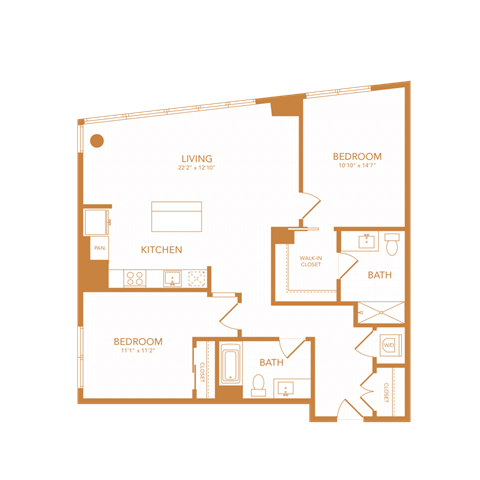 2 bed 2 bath 1111 sf