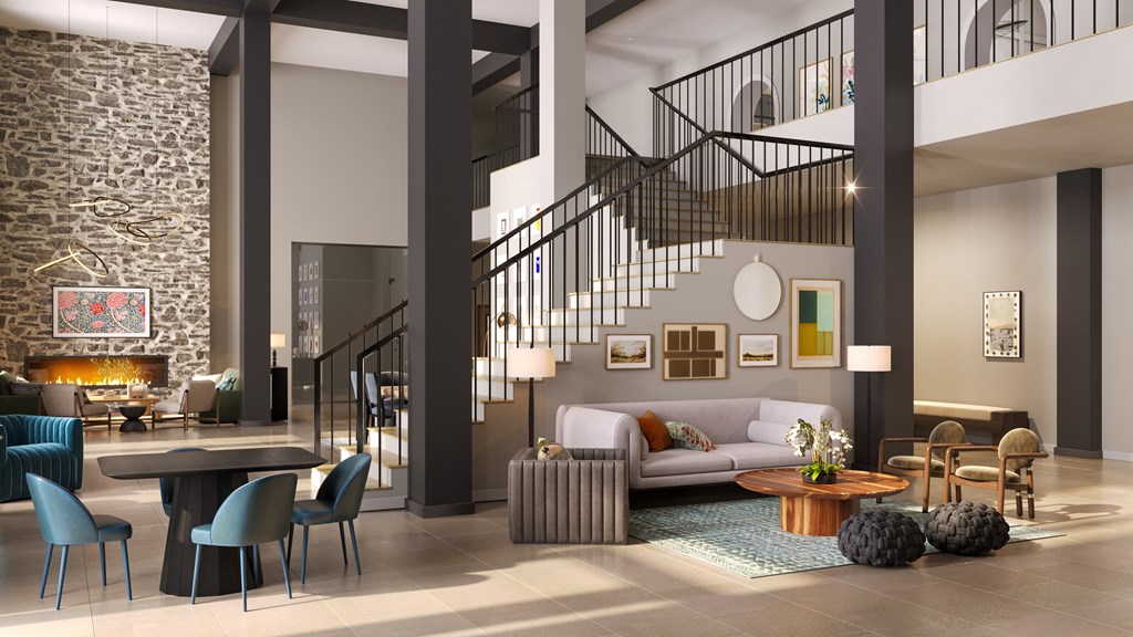 a rendering of a living room with a staircase